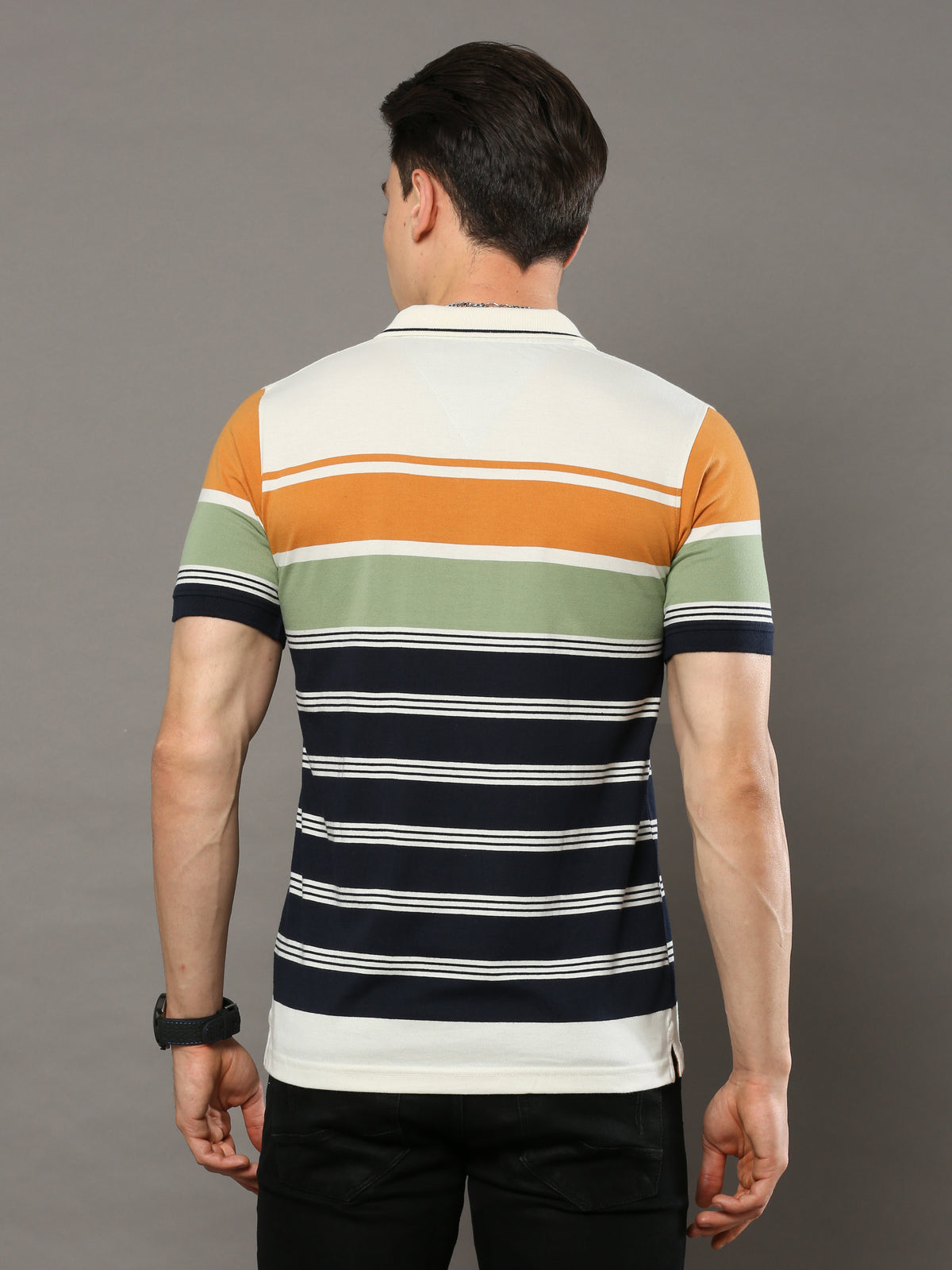 Men's Multicolors Regular Fit Stripes Polo Neck Half Sleeves T-Shirt