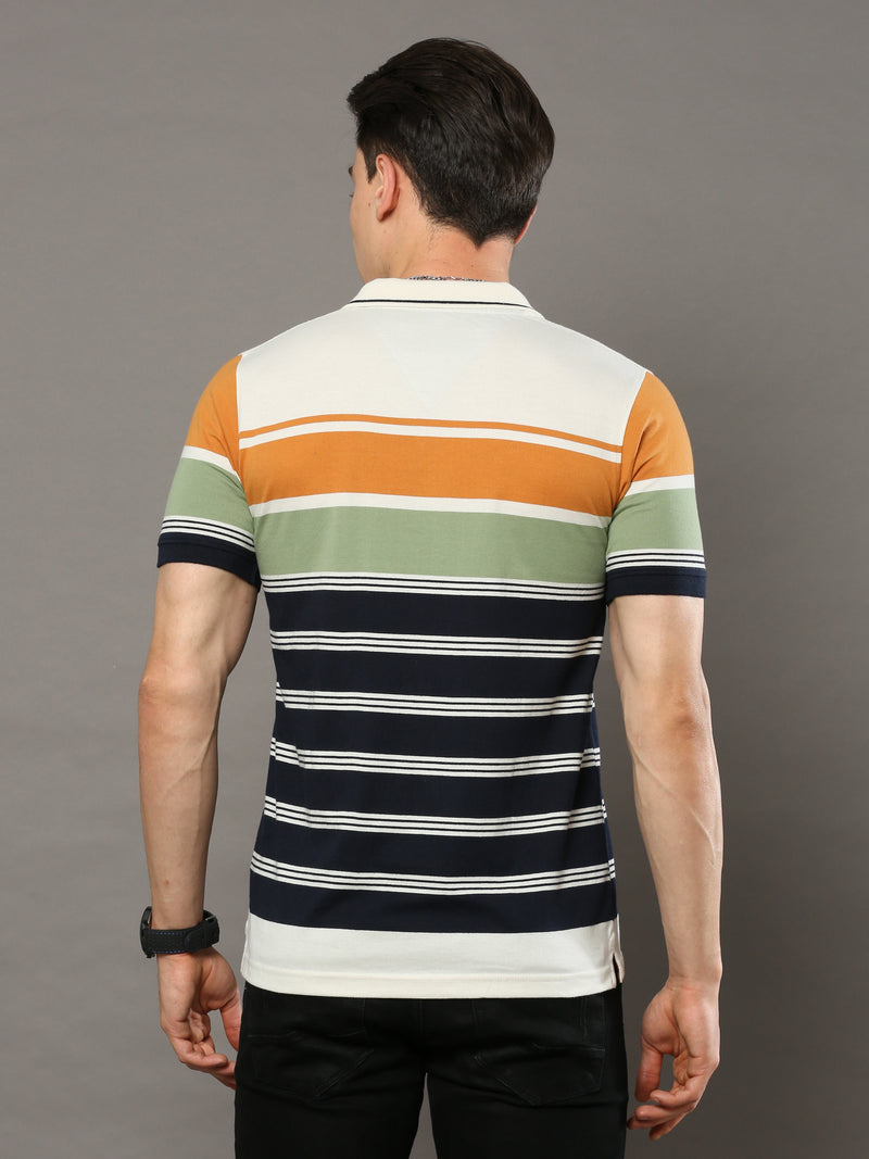 Shop Men's Multicolors Stripes Regular Fit Polo Neck Half Sleeves T-Shirt Online.