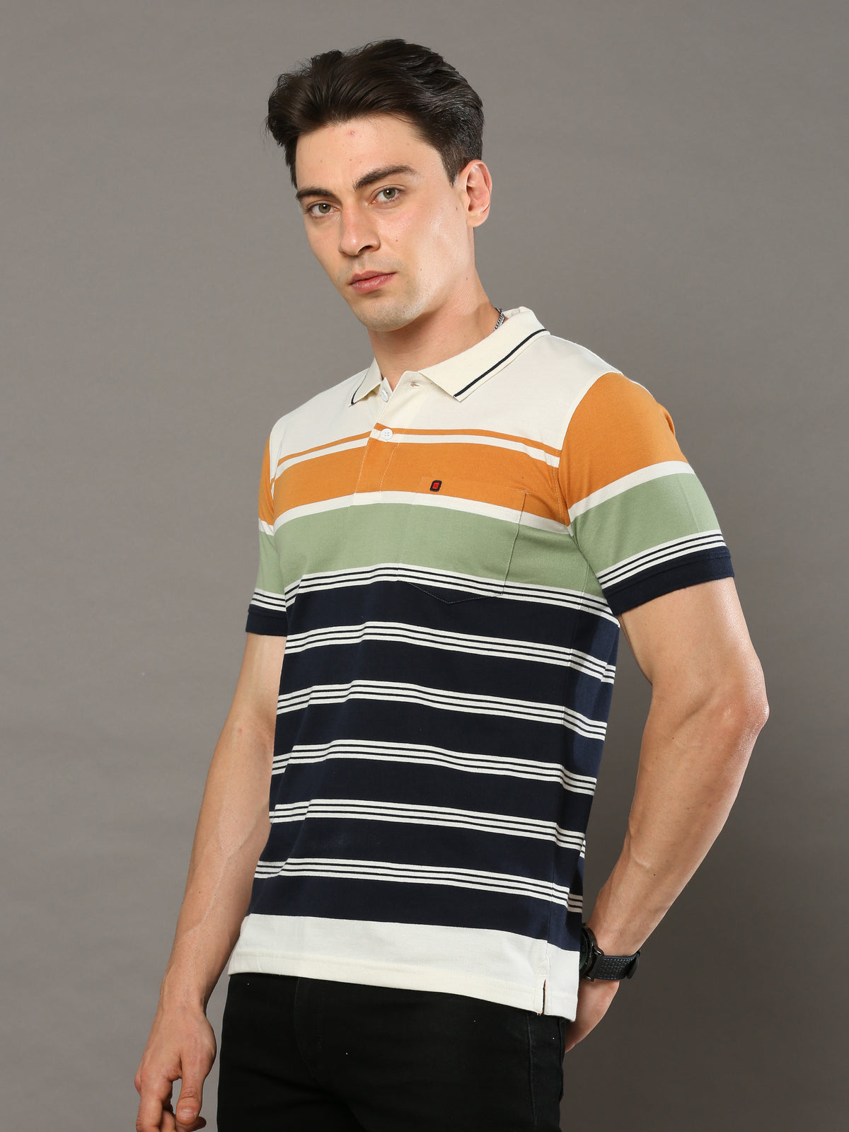 Shop Men's Multicolors Stripes Regular Fit Polo Neck Half Sleeves T-Shirt Online.