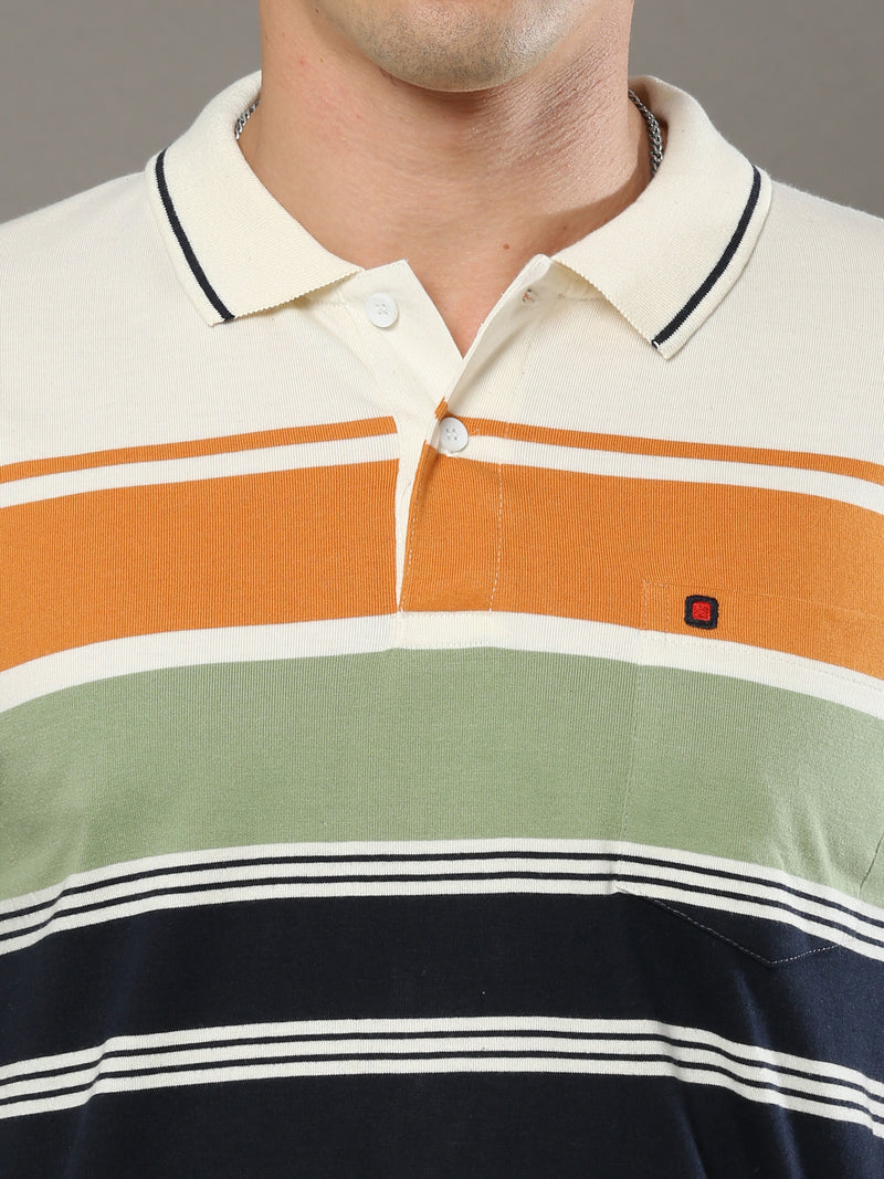 Shop Men's Multicolors Stripes Regular Fit Polo Neck Half Sleeves T-Shirt Online.