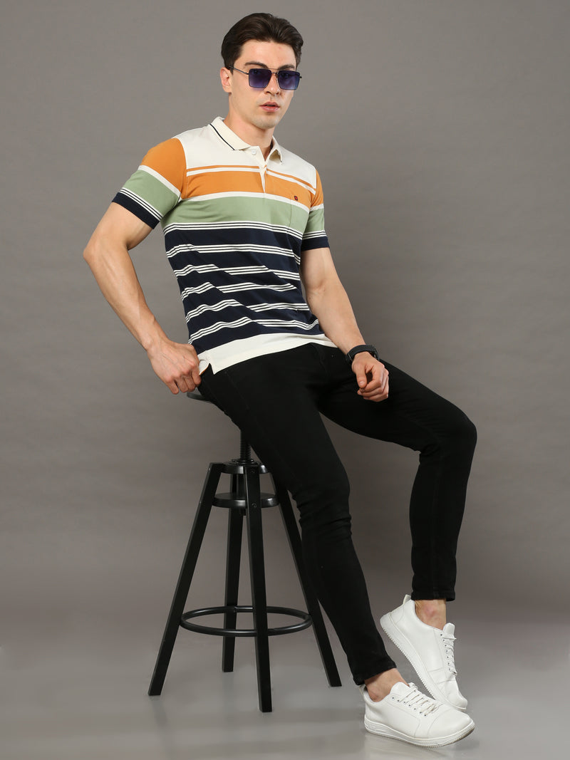 Shop Men's Multicolors Stripes Regular Fit Polo Neck Half Sleeves T-Shirt Online.