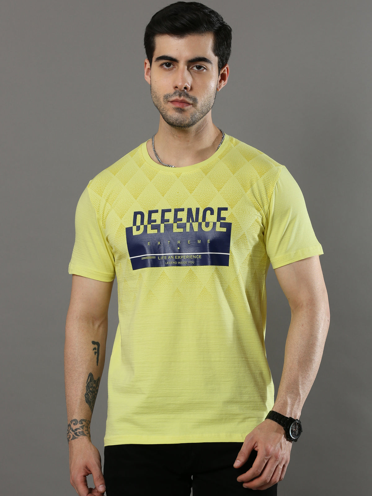 Shop Men's Yellow Regular Fit Printed Crew Neck Casual T-Shirt Online.