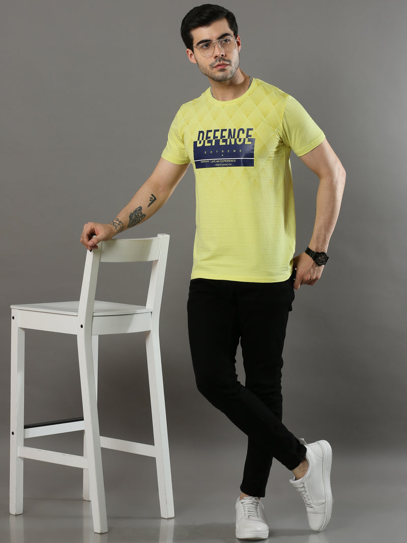 Shop Men's Yellow Regular Fit Printed Crew Neck Casual T-Shirt Online.