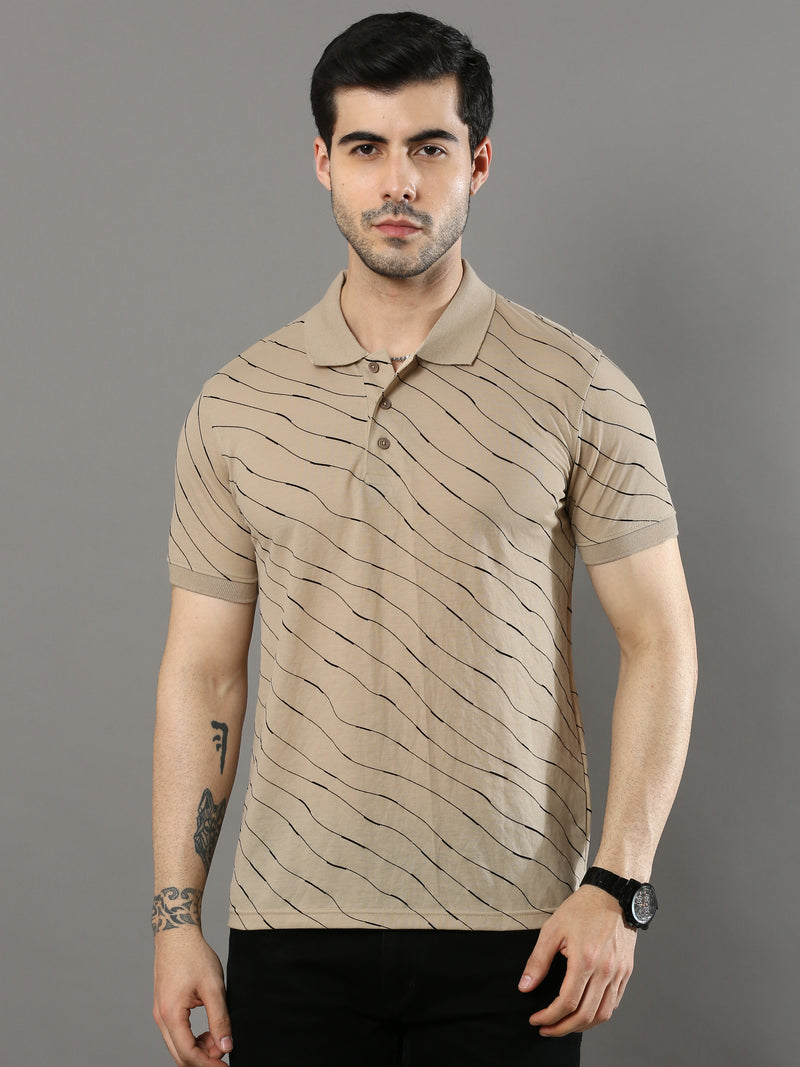 Shop Men's Beige Printed Regular Fit Polo Neck Half Sleeves T-Shirt Online.