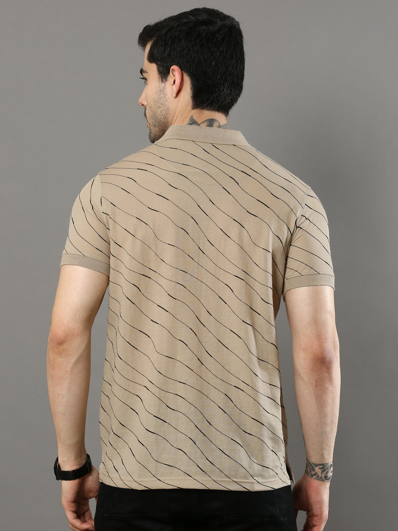 Shop Men's Beige Printed Regular Fit Polo Neck Half Sleeves T-Shirt Online.