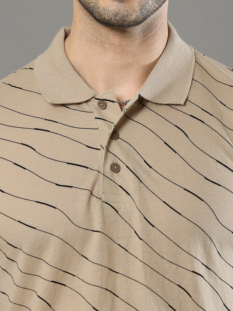 Shop Men's Beige Printed Regular Fit Polo Neck Half Sleeves T-Shirt Online.