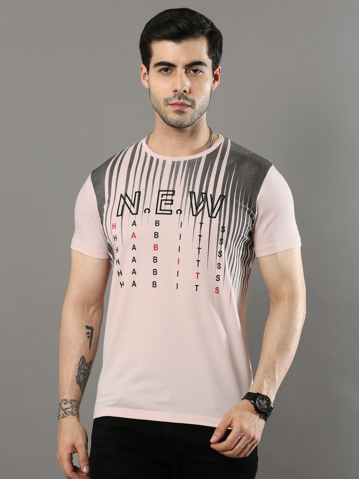 Shop Men's Pink Regular Fit Printed Crew Neck Casual T-Shirt Online.