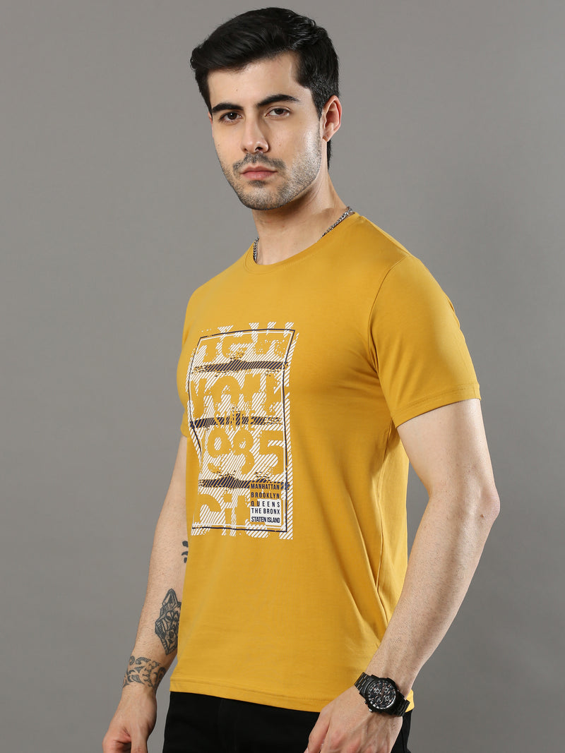 Shop Men's Orange Regular Fit Printed Crew Neck Casual T-Shirt Online.