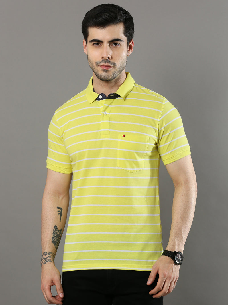 Shop Men's Yellow Stripes Regular Fit Polo Neck Half Sleeves T-Shirt Online.