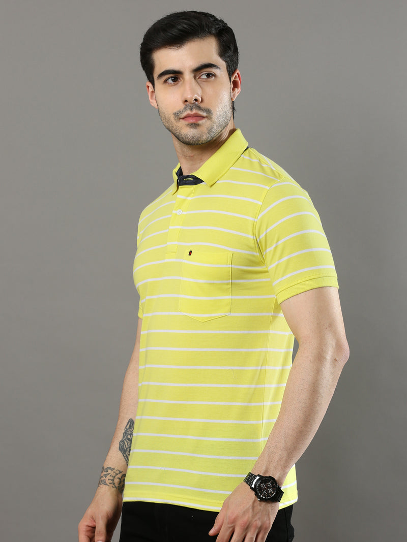 Shop Men's Yellow Stripes Regular Fit Polo Neck Half Sleeves T-Shirt Online.