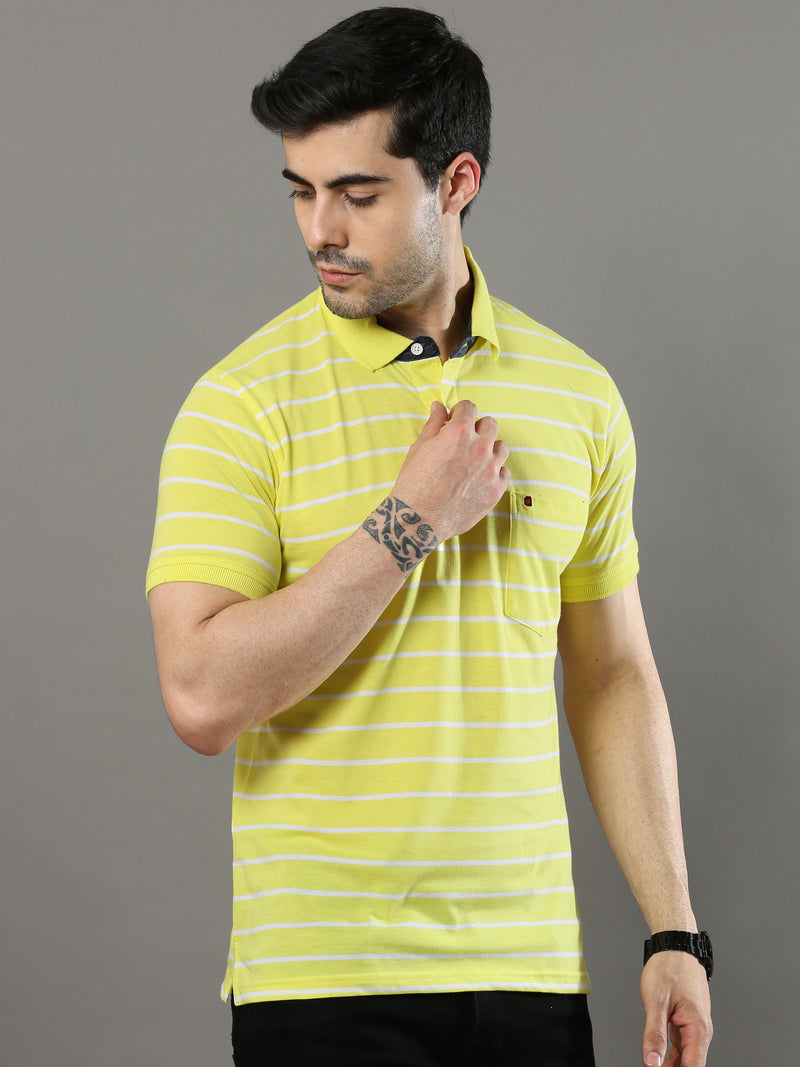 Shop Men's Yellow Stripes Regular Fit Polo Neck Half Sleeves T-Shirt Online.