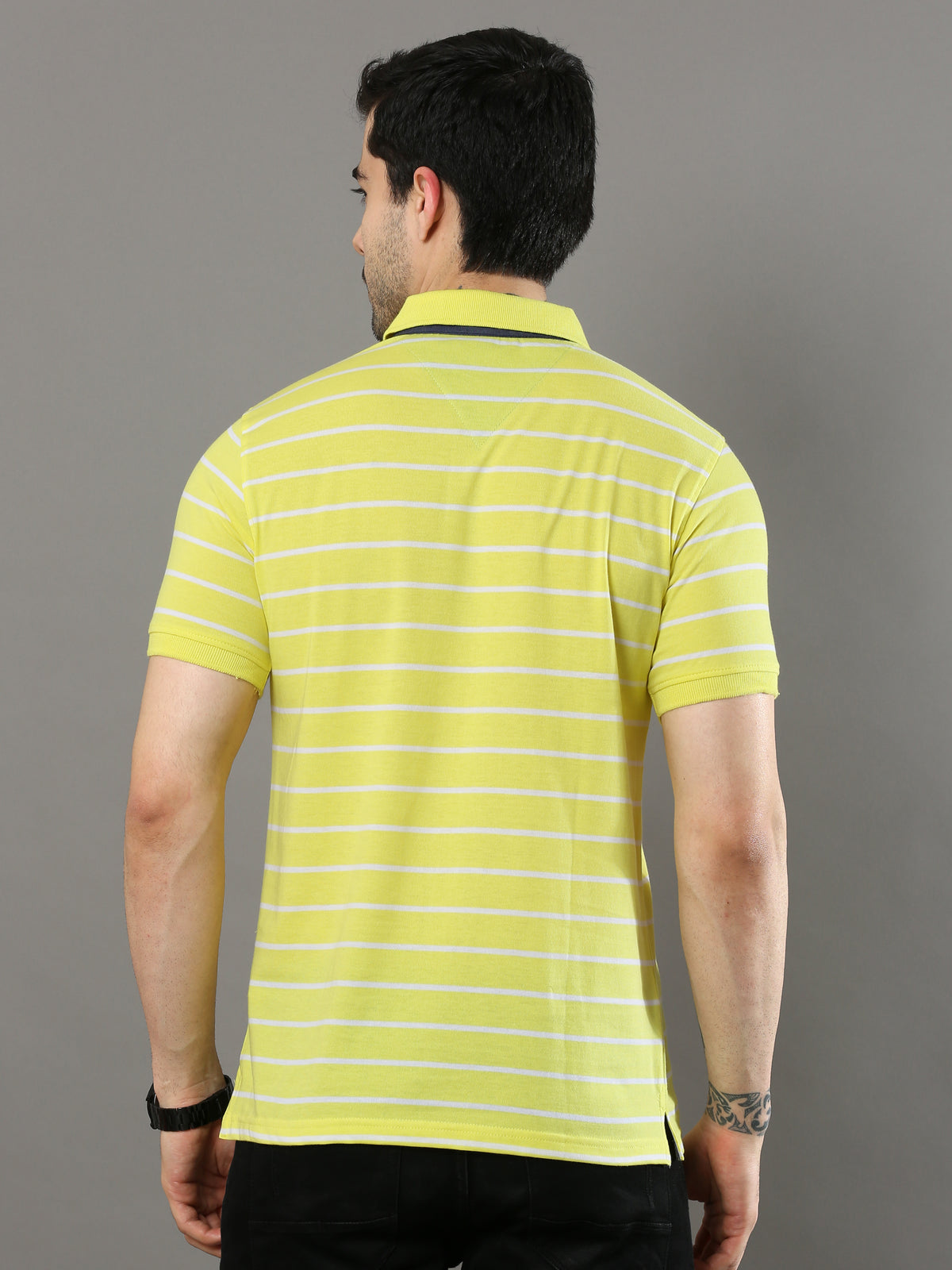 Shop Men's Yellow Stripes Regular Fit Polo Neck Half Sleeves T-Shirt Online.