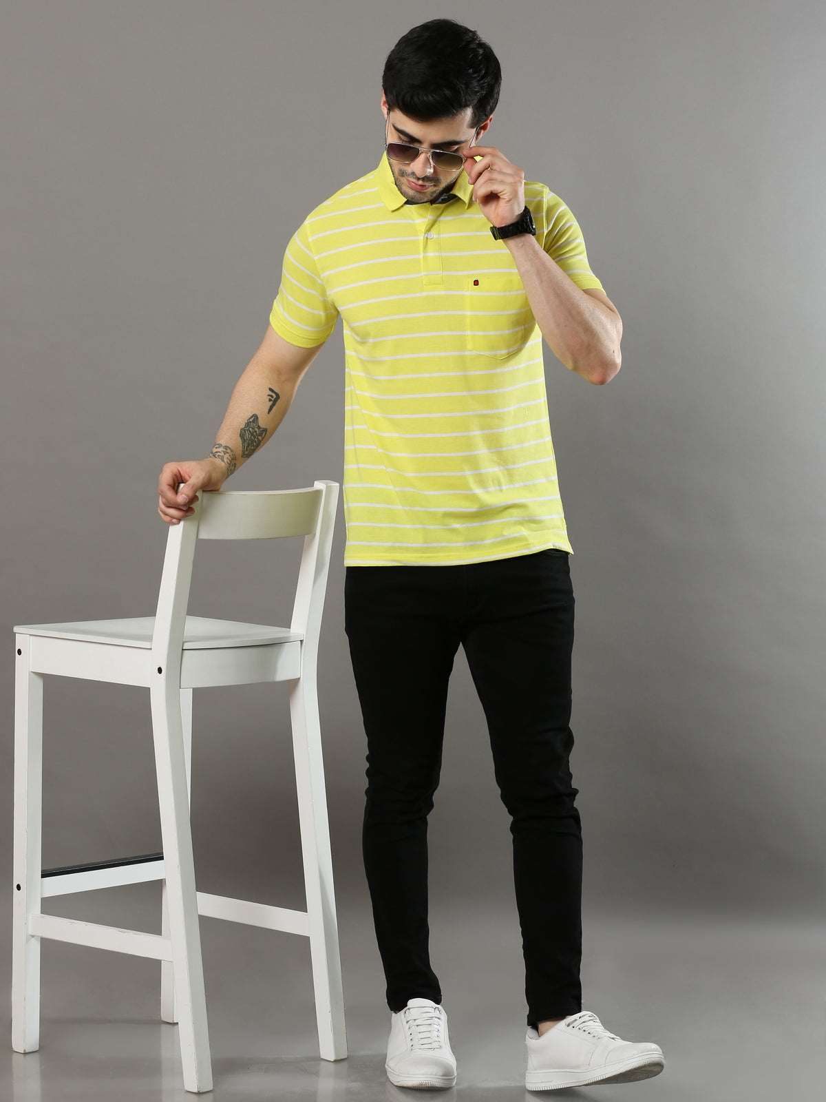 Shop Men's Yellow Stripes Regular Fit Polo Neck Half Sleeves T-Shirt Online.