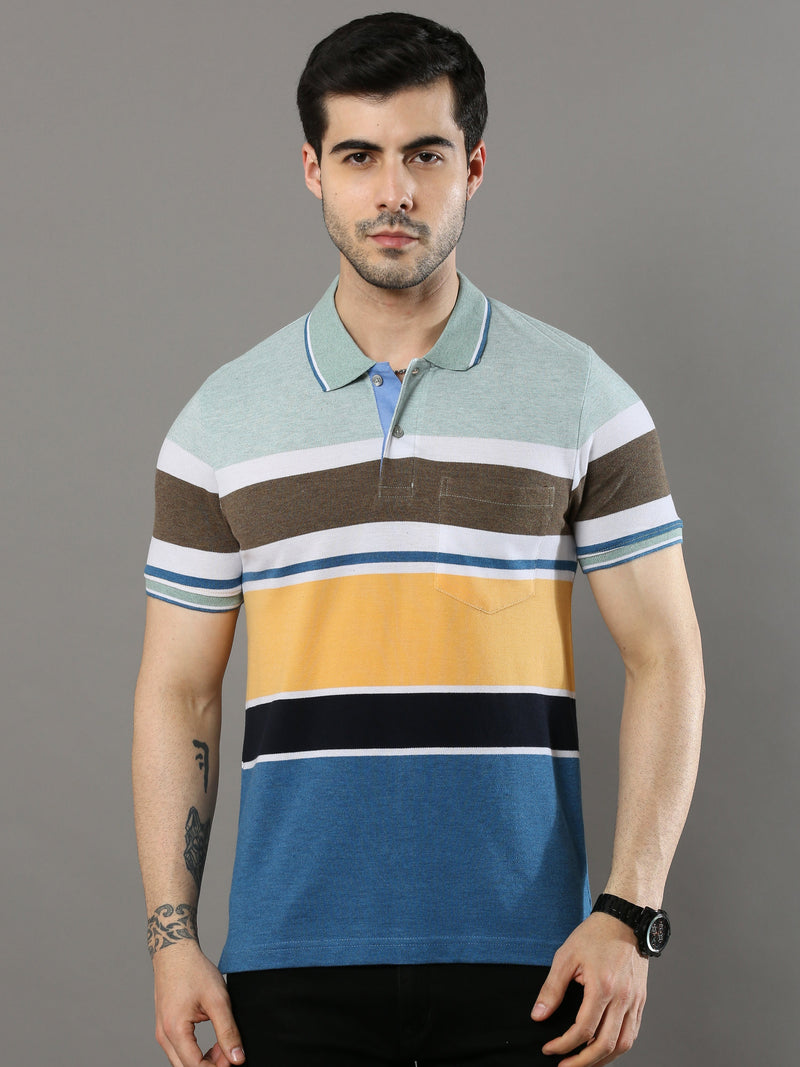 Shop Men's Multicolors Stripes Regular Fit Half Sleeves Polo Neck T-Shirt Online.