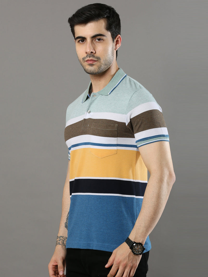 Shop Men's Multicolors Stripes Regular Fit Half Sleeves Polo Neck T-Shirt Online.