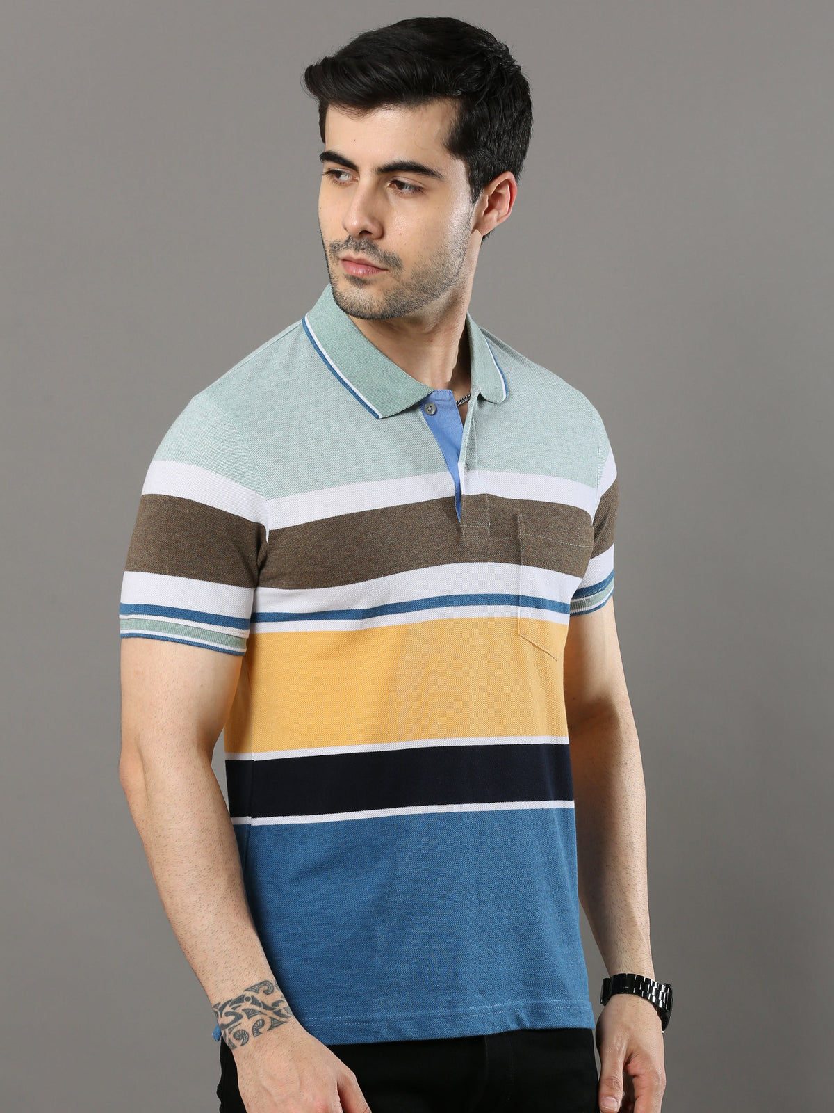 Shop Men's Multicolors Stripes Regular Fit Half Sleeves Polo Neck T-Shirt Online.