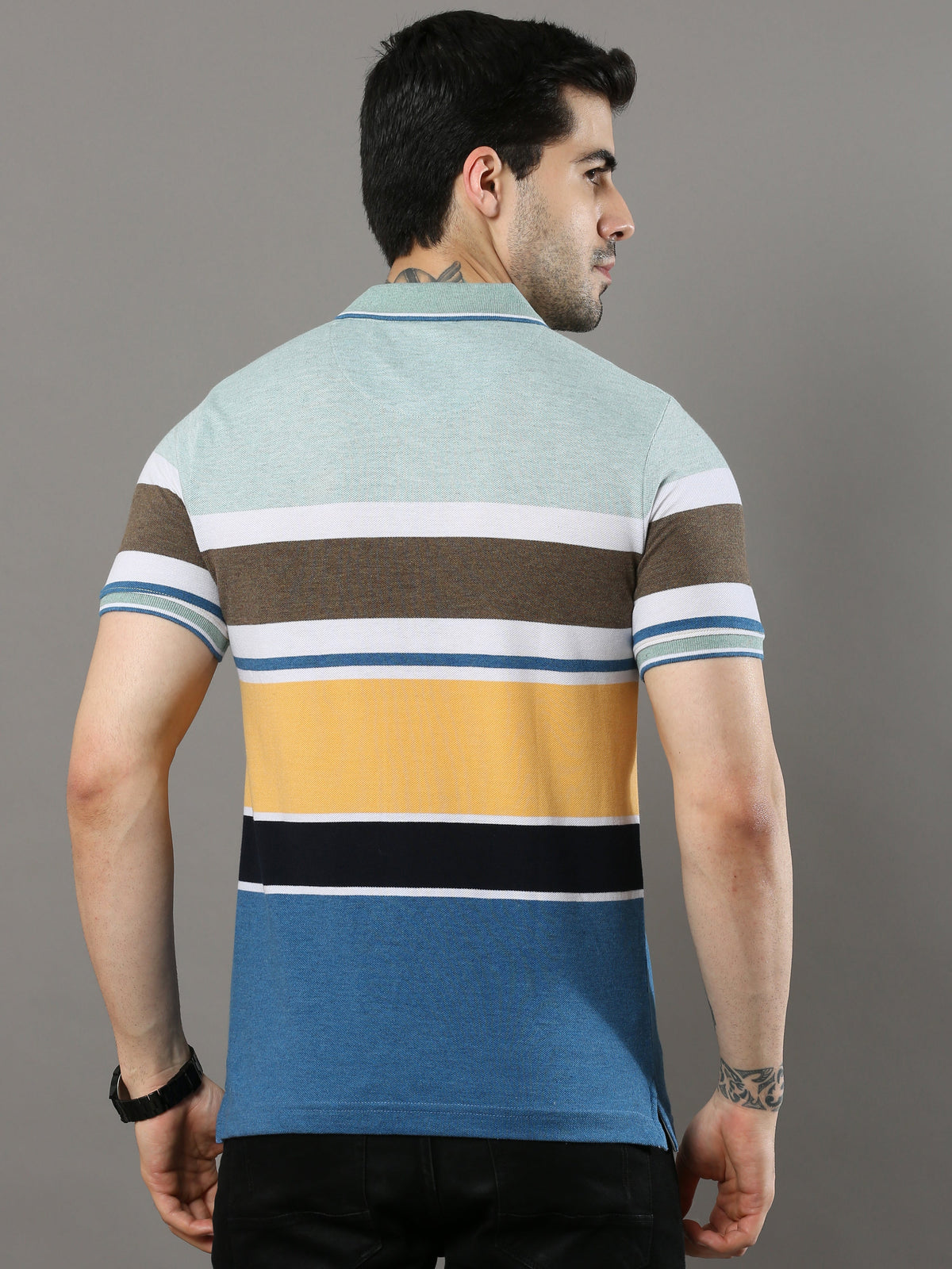 Shop Men's Multicolors Stripes Regular Fit Half Sleeves Polo Neck T-Shirt Online.