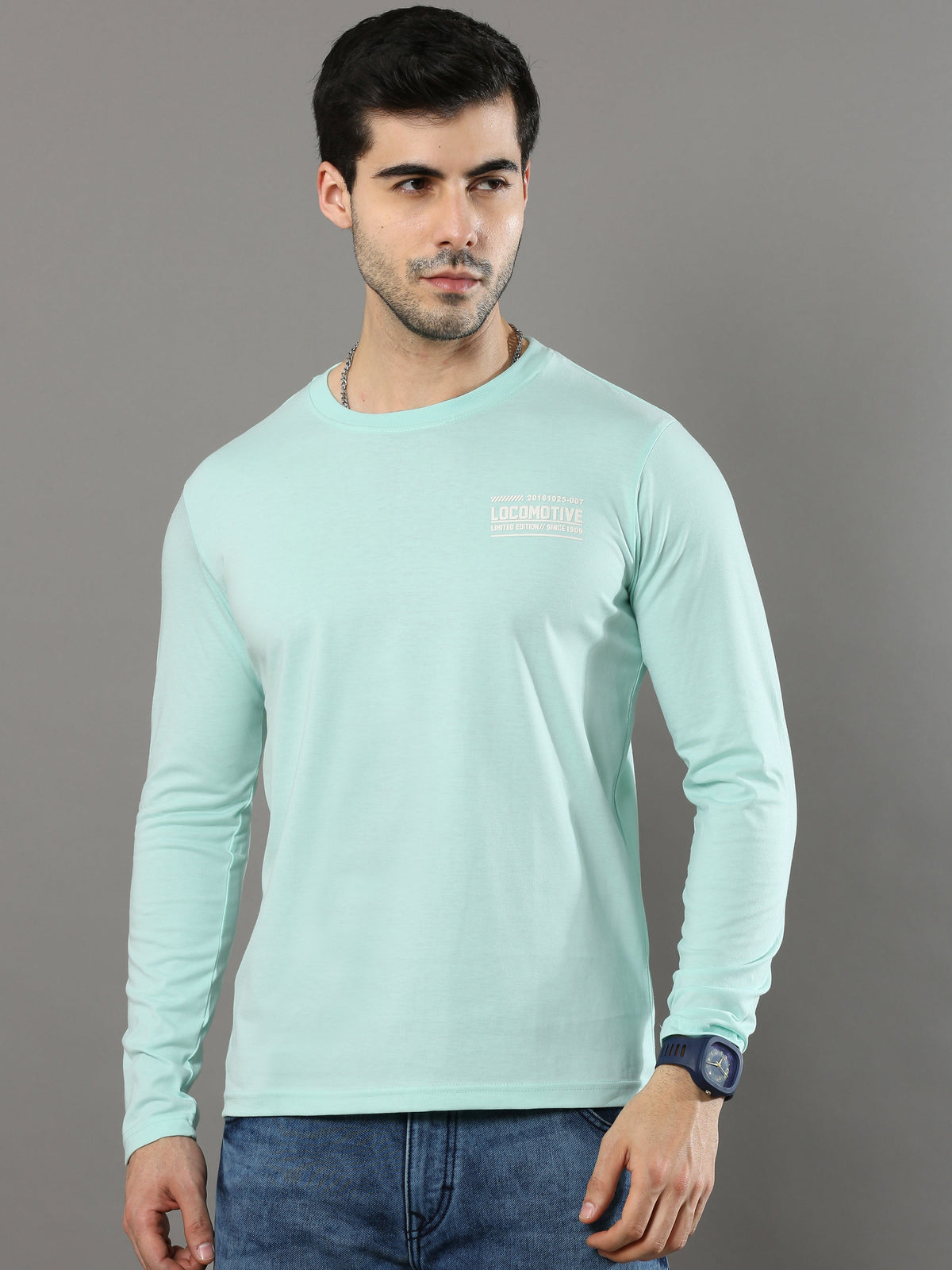 Shop Men's Sky Blue Solid Regular Fit Full Sleeves Crew Neck T-Shirt Online.