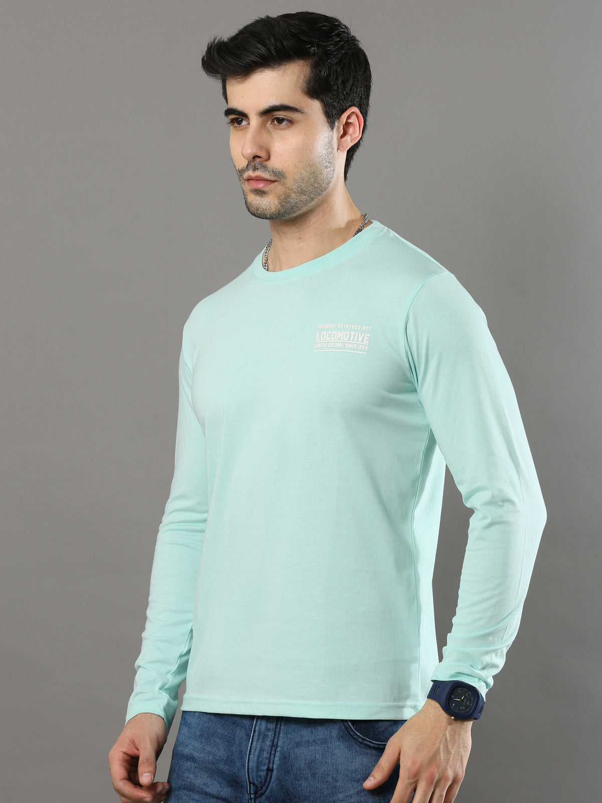 Shop Men's Sky Blue Solid Regular Fit Full Sleeves Crew Neck T-Shirt Online.