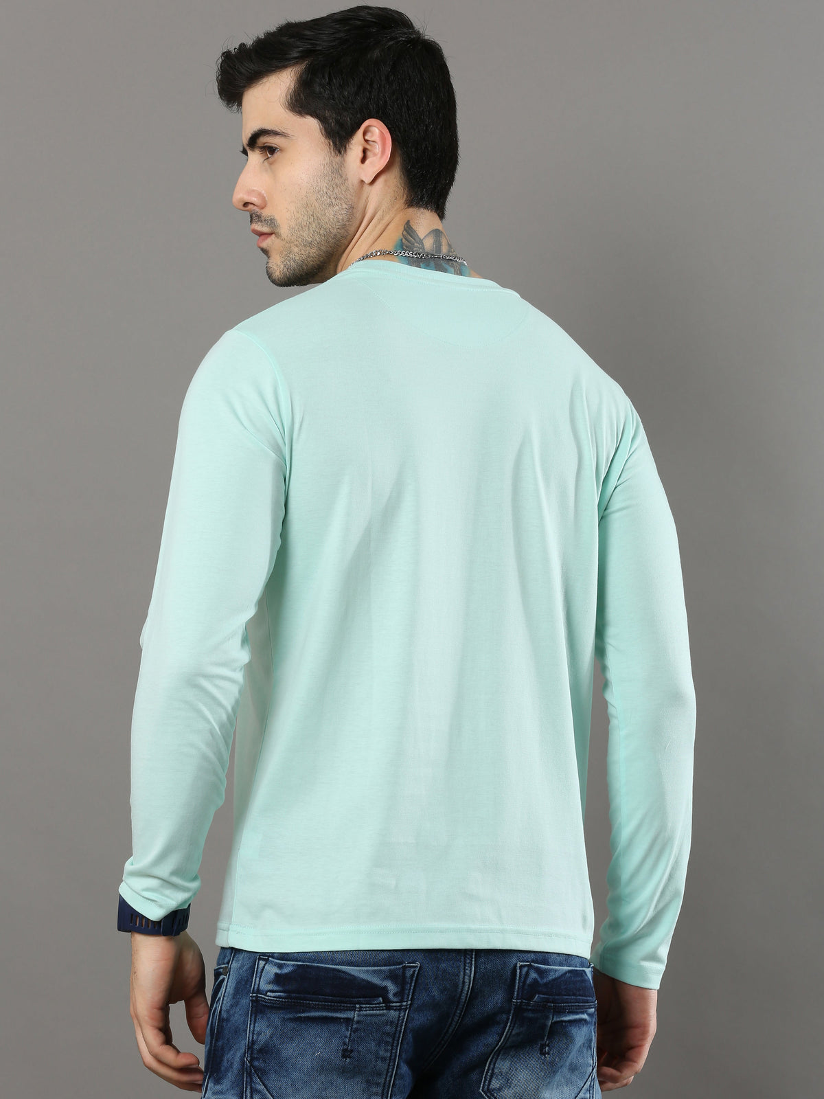 Shop Men's Sky Blue Solid Regular Fit Full Sleeves Crew Neck T-Shirt Online.