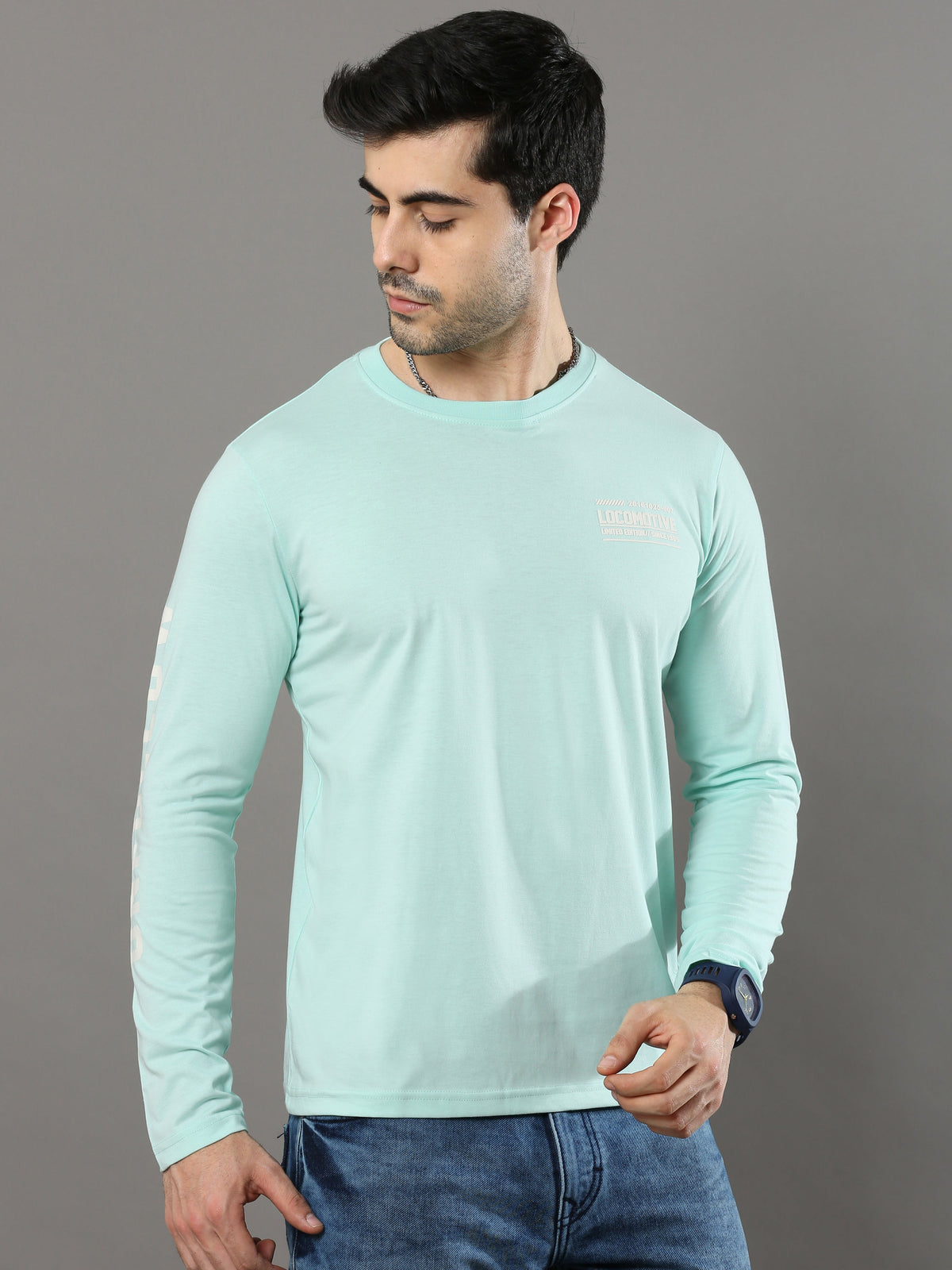 Shop Men's Sky Blue Solid Regular Fit Full Sleeves Crew Neck T-Shirt Online.