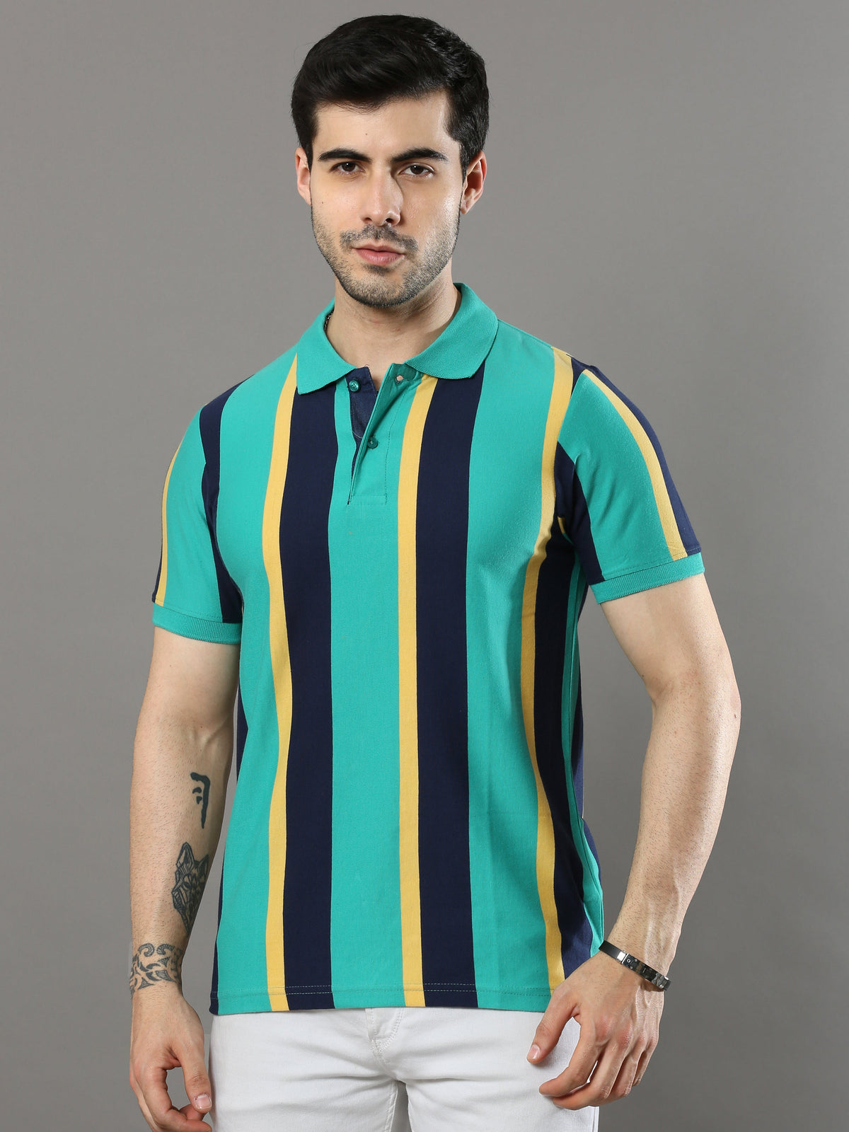 Men's Multicolors Regular Fit Stripes Half Sleeves Polo Neck T-Shirt