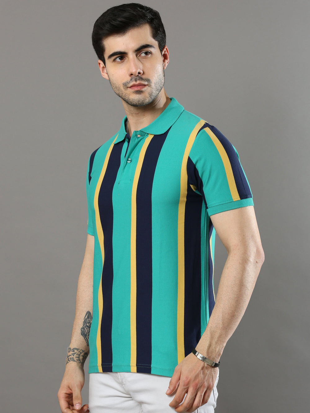 Men's Multicolors Regular Fit Stripes Half Sleeves Polo Neck T-Shirt