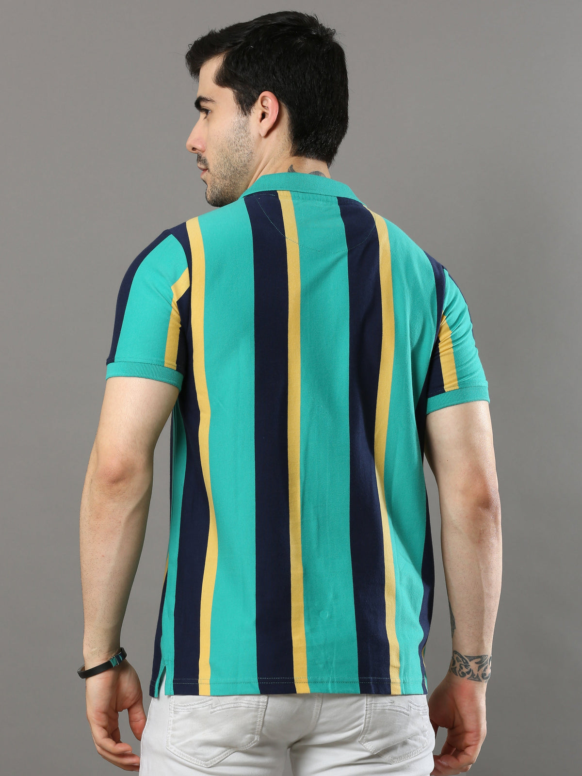 Men's Multicolors Regular Fit Stripes Half Sleeves Polo Neck T-Shirt