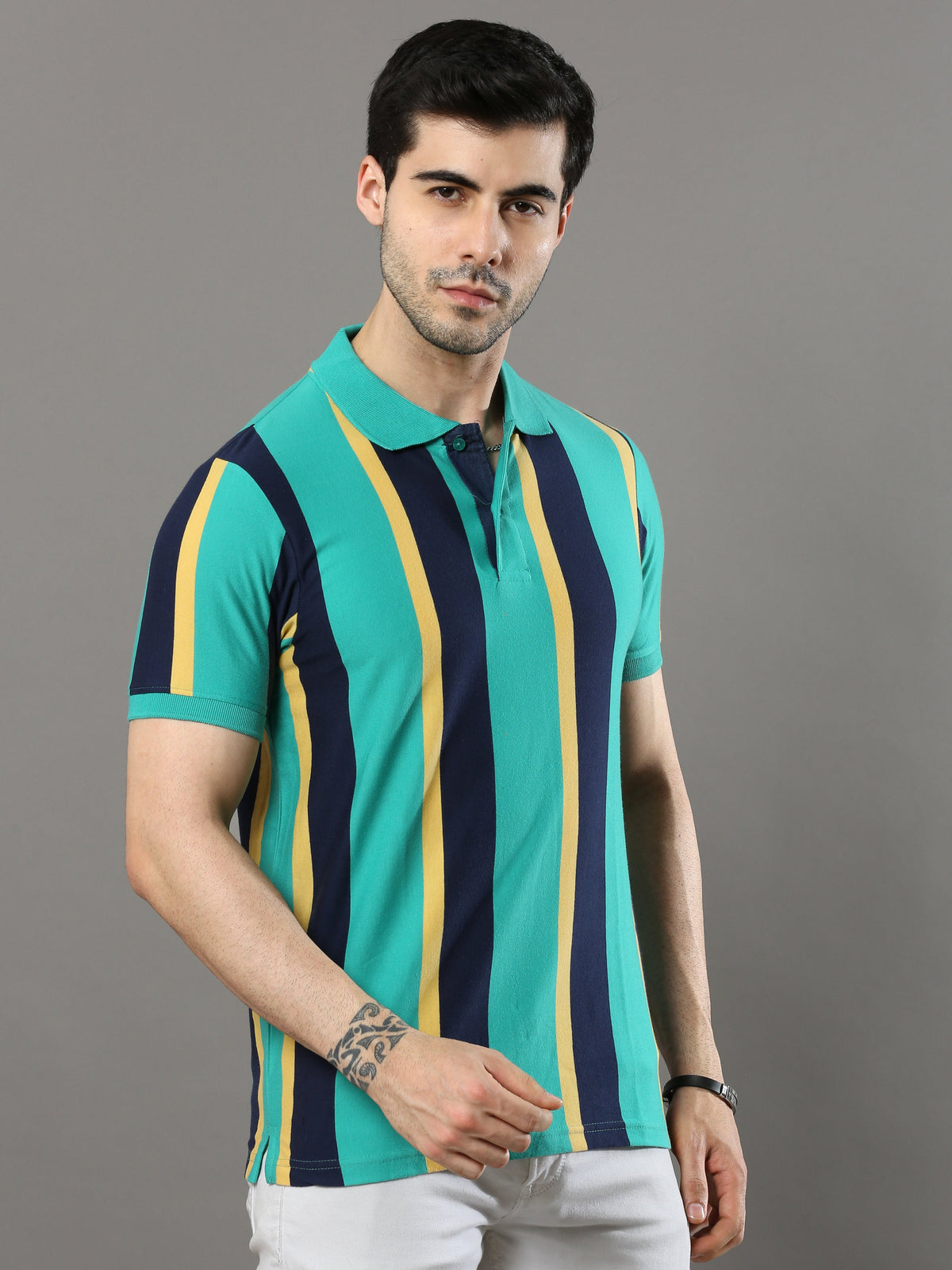 Shop Men's Multicolors Stripes Regular Fit Half Sleeves Polo Neck T-Shirt Online.