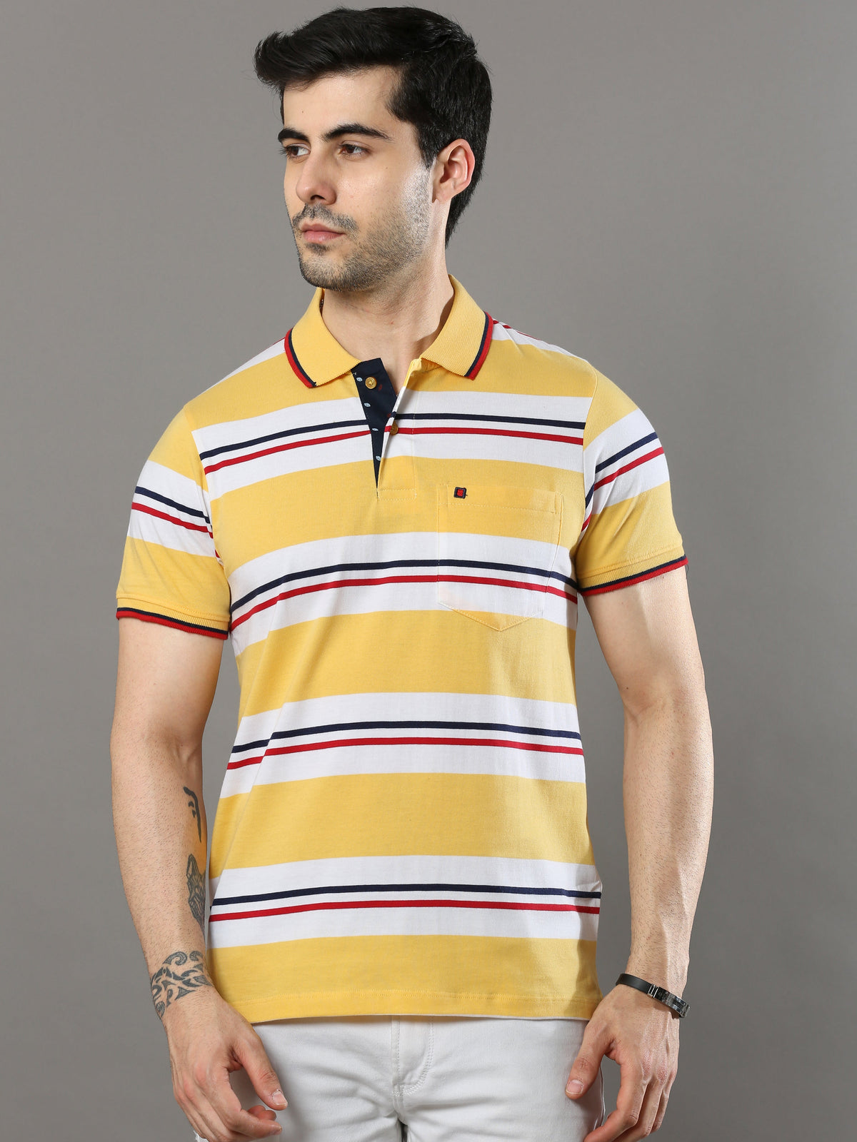 Shop Men's Yellow Stripes Regular Fit Half Sleeves Polo Neck T-Shirt Online.