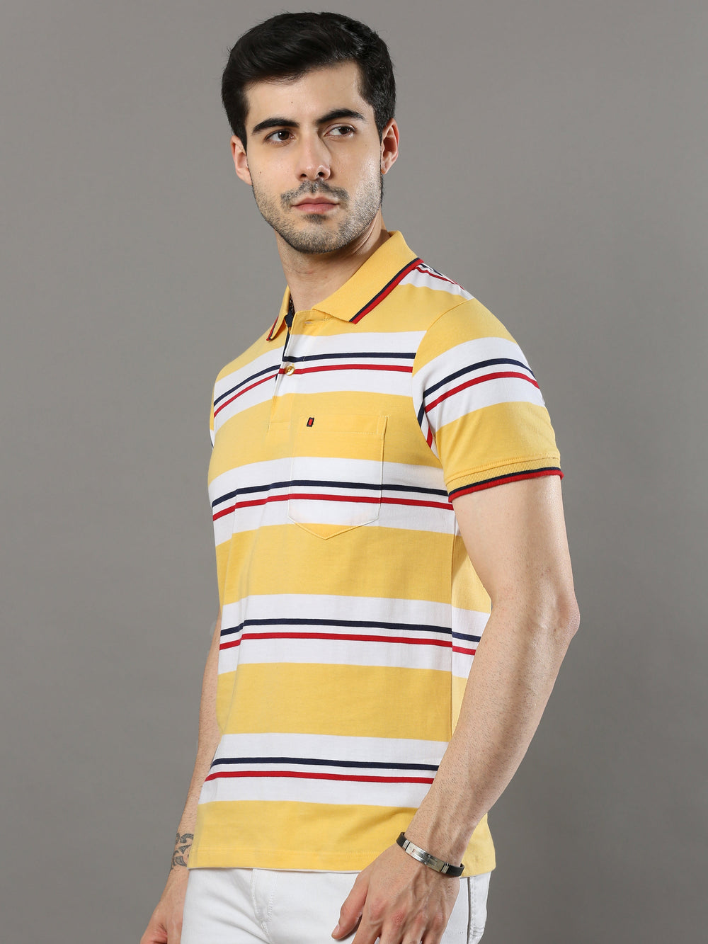 Men's Yellow Regular Fit StripesHalf Sleeves Polo Neck T-Shirt
