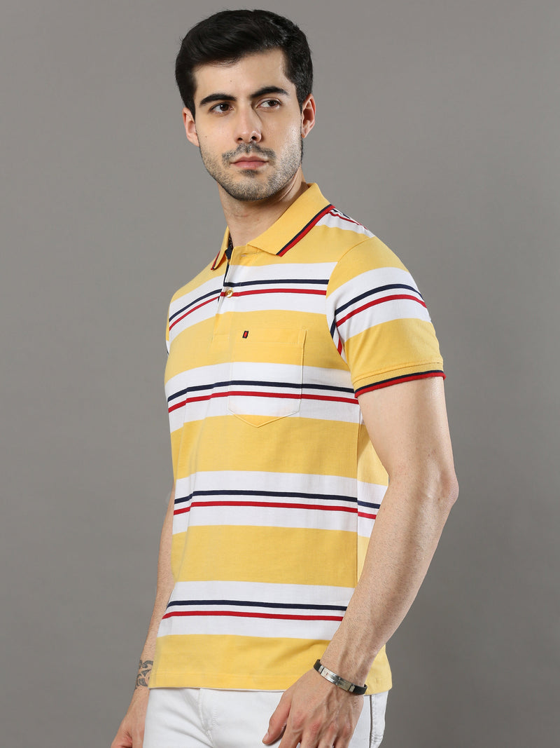 Shop Men's Yellow Stripes Regular Fit Half Sleeves Polo Neck T-Shirt Online.