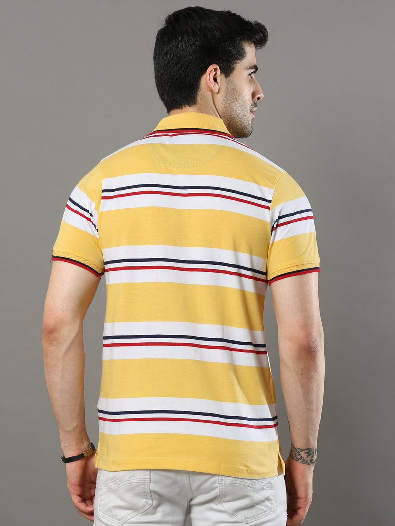 Shop Men's Yellow Stripes Regular Fit Half Sleeves Polo Neck T-Shirt Online.