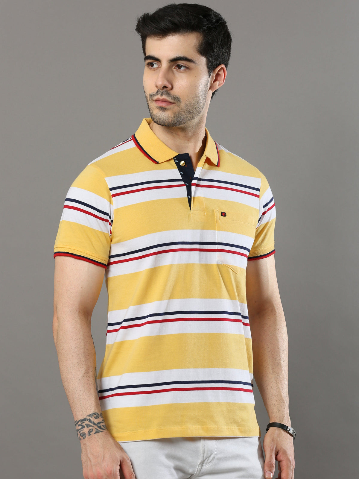 Shop Men's Yellow Stripes Regular Fit Half Sleeves Polo Neck T-Shirt Online.