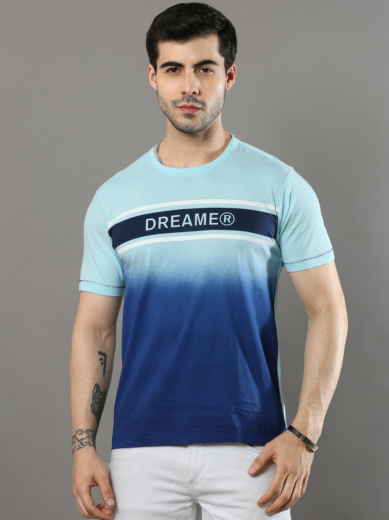 Shop Men's Sky Blue Printed Regular Fit Half Sleeves Crew Neck T-Shirt Online.