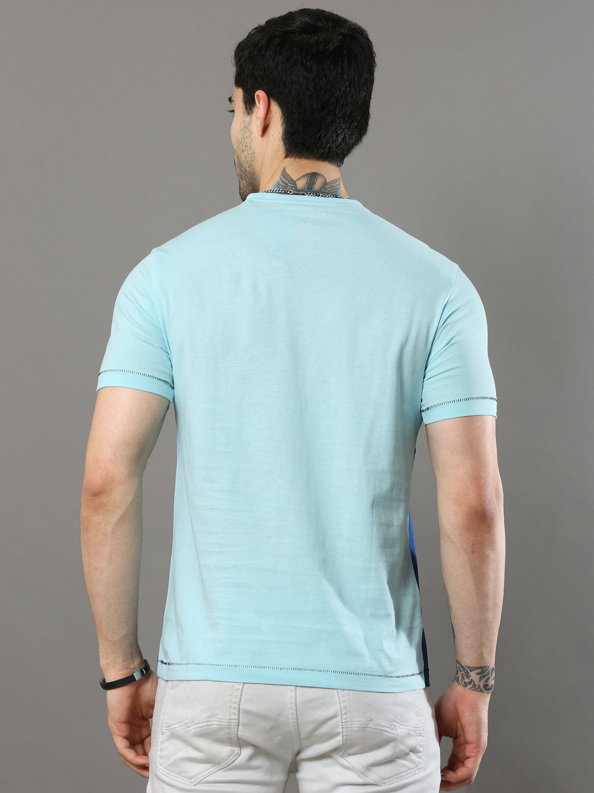 Shop Men's Sky Blue Printed Regular Fit Half Sleeves Crew Neck T-Shirt Online.