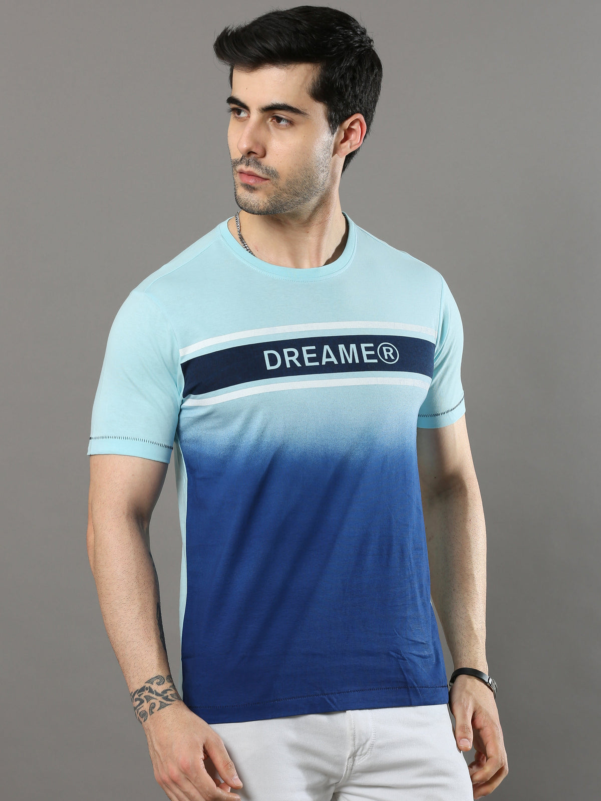 Shop Men's Sky Blue Printed Regular Fit Half Sleeves Crew Neck T-Shirt Online.