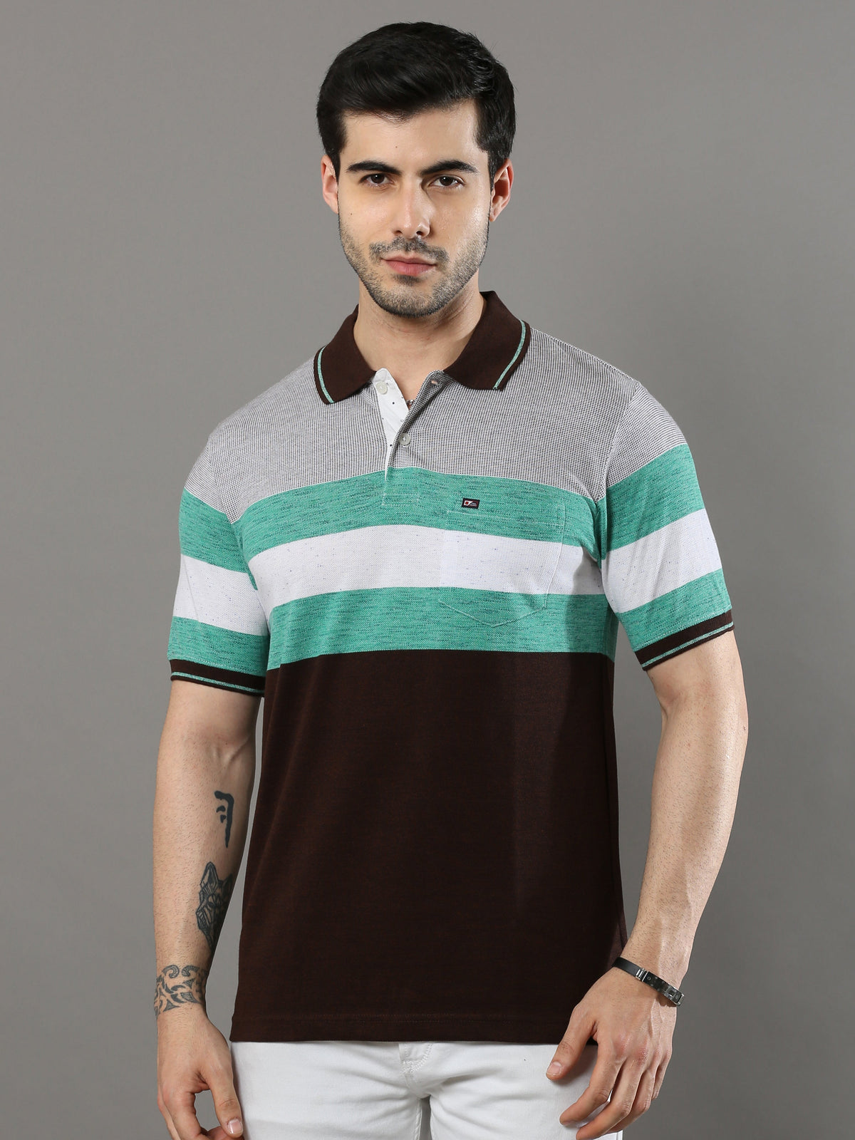 Shop Men's Multicolors Stripe Regular Fit Half Sleeves Polo Neck T-Shirt Online.