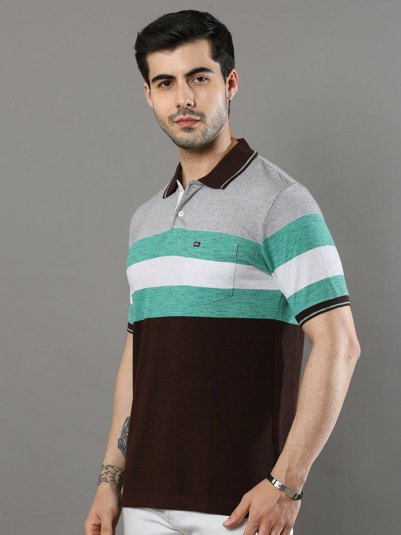 Shop Men's Multicolors Stripe Regular Fit Half Sleeves Polo Neck T-Shirt Online.