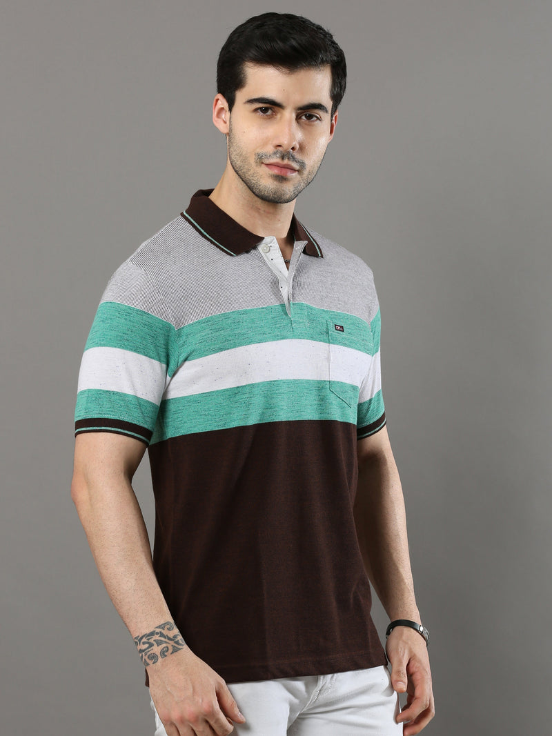 Shop Men's Multicolors Stripe Regular Fit Half Sleeves Polo Neck T-Shirt Online.