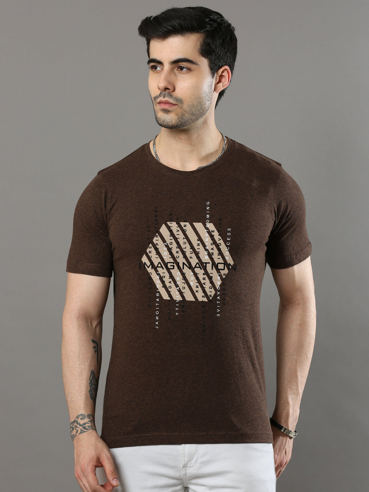 Shop Men's Brown Printed Regular Fit Half Sleeves Crew Neck T-Shirt Online.