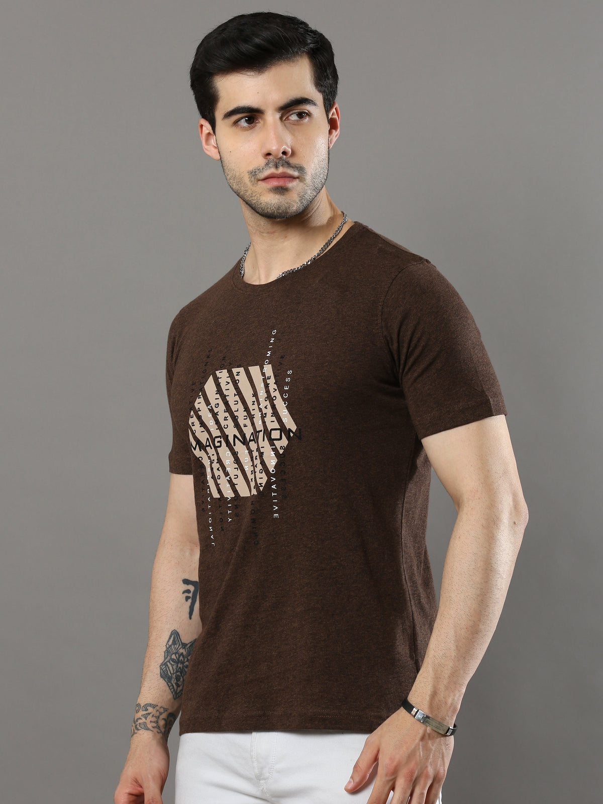 Shop Men's Brown Printed Regular Fit Half Sleeves Crew Neck T-Shirt Online.