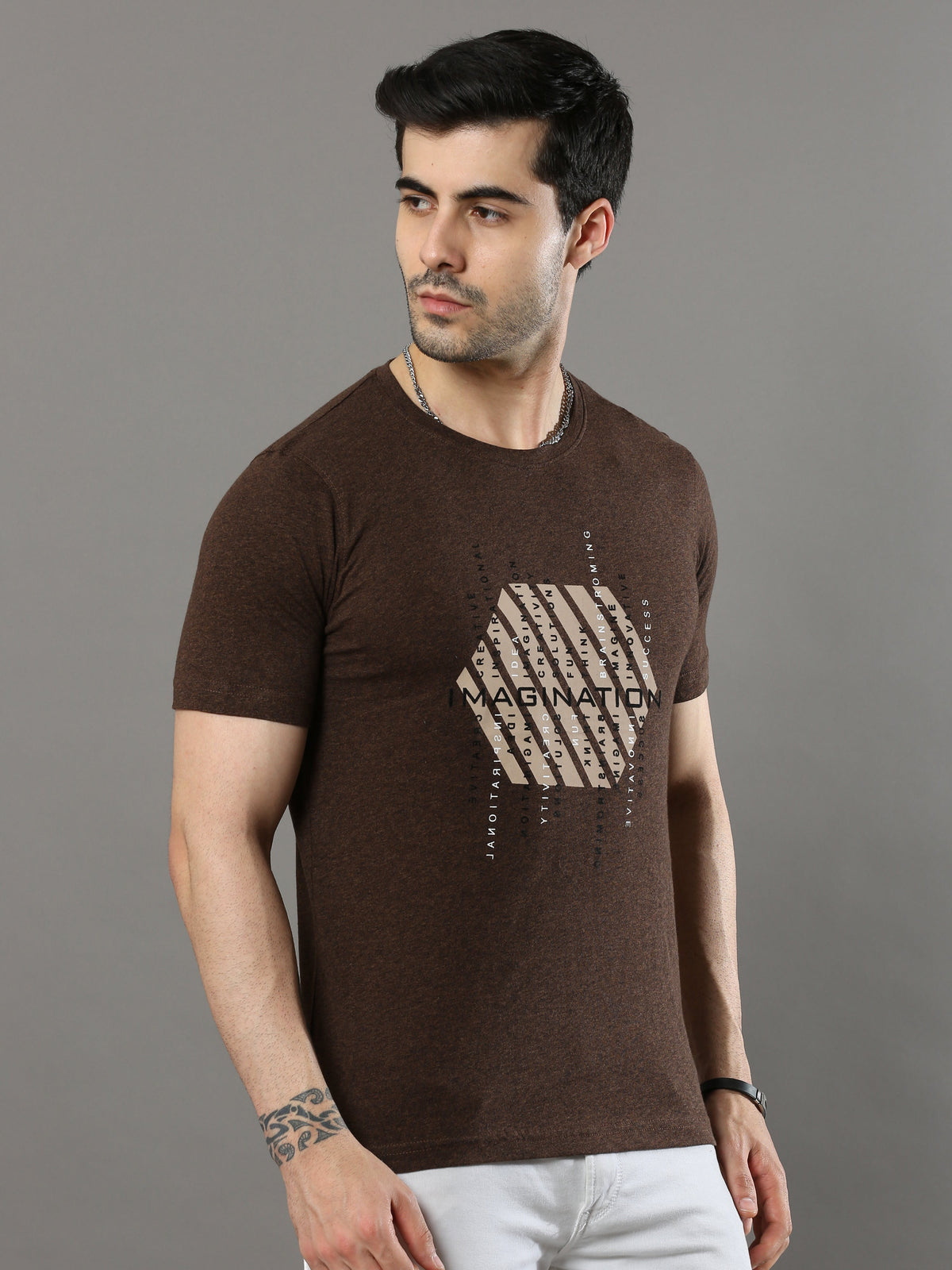 Shop Men's Brown Printed Regular Fit Half Sleeves Crew Neck T-Shirt Online.