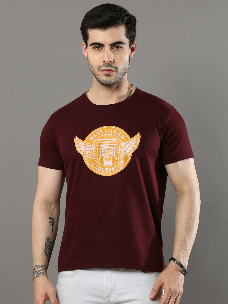 Shop Men's Maroon Printed Regular Fit Half Sleeves Crew Neck T-Shirt Online.