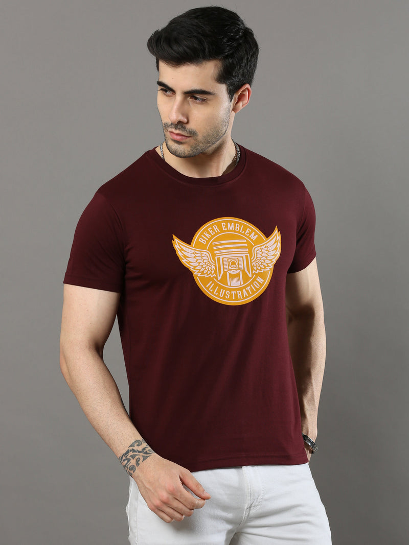 Shop Men's Maroon Printed Regular Fit Half Sleeves Crew Neck T-Shirt Online.