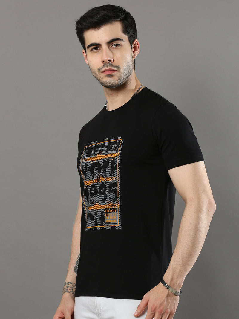 Shop Men's Black Printed Regular Fit Half Sleeves Crew Neck T-Shirt Online.