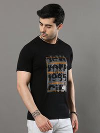 Men's Black Regular Fit Printed Half Sleeves Crew Neck T-Shirt