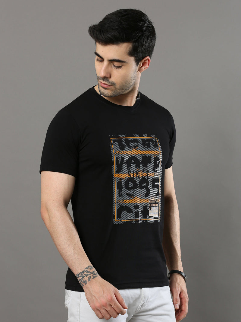 Shop Men's Black Printed Regular Fit Half Sleeves Crew Neck T-Shirt Online.