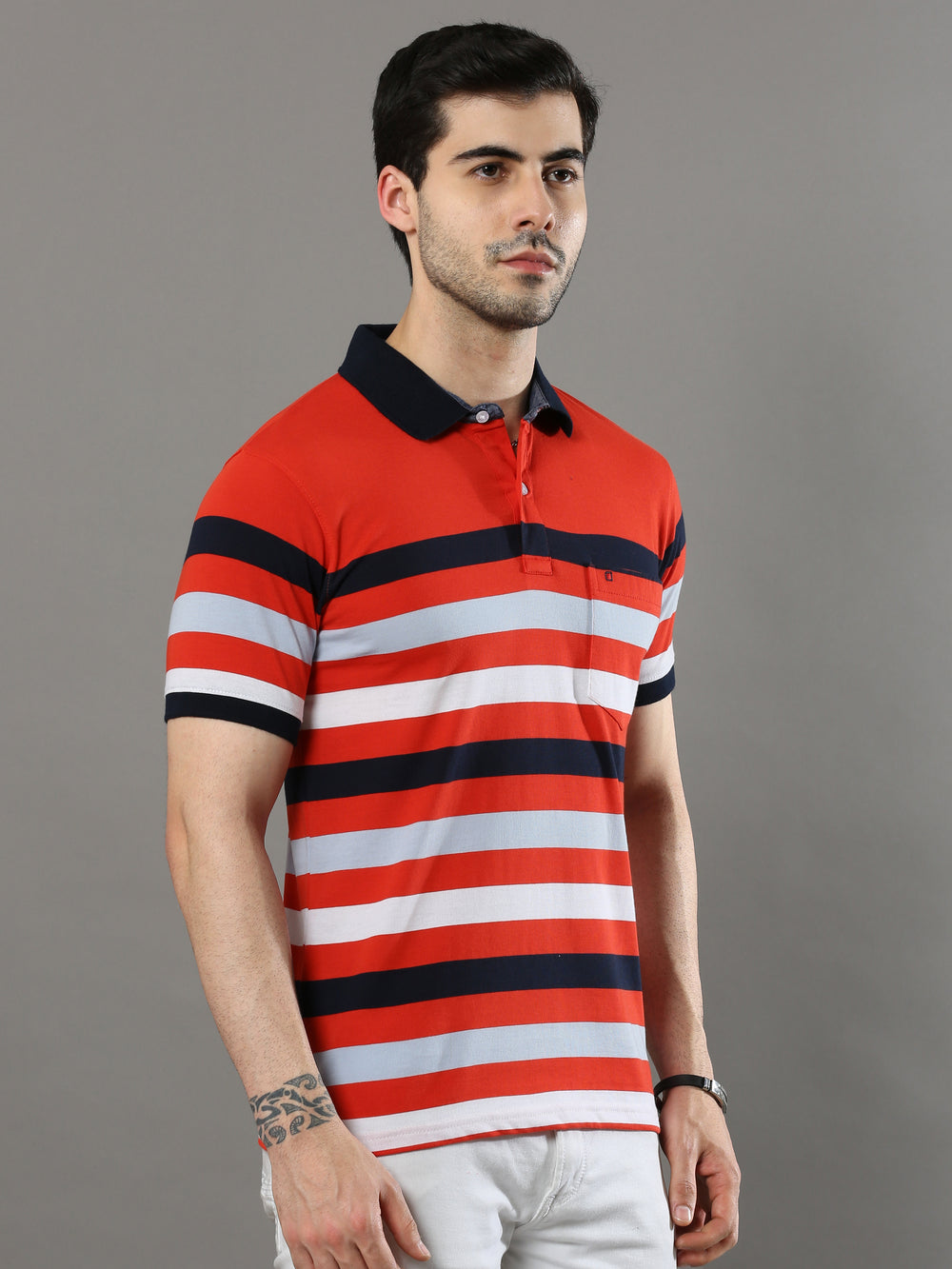 Men's Red White Regular Fit Stripes Half Sleeves Polo Neck T-Shirt