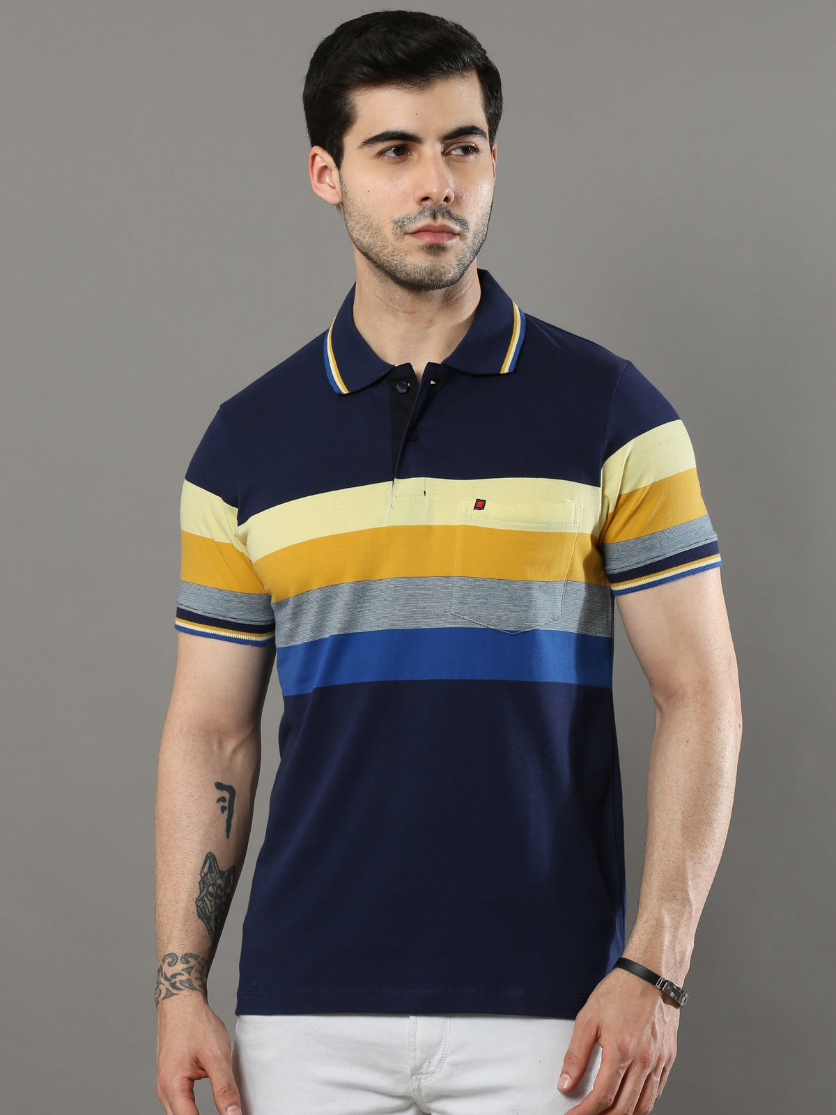 Shop Men's Multicolors Stripes Regular Fit Polo Neck Half Sleeves T-Shirt Online.